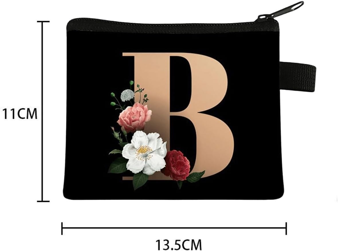 FAVORTALK Coin Purse Women Initial Purse Small Coin Pouch Portable Coin Bag Zipped Mini Slim Coin Purses for Girls Men Black Flowral Wallets - 13604