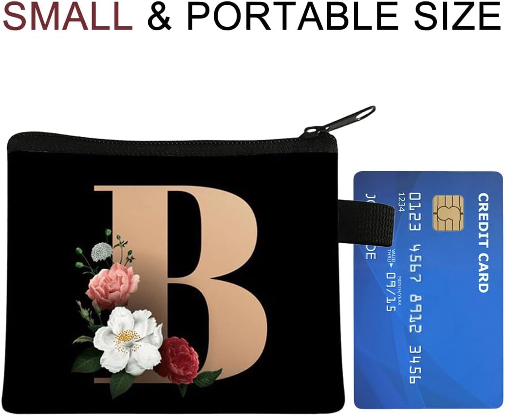 FAVORTALK Coin Purse Women Initial Purse Small Coin Pouch Portable Coin Bag Zipped Mini Slim Coin Purses for Girls Men Black Flowral Wallets - 13604