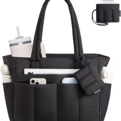 LOVEVOOK Tote Bag for Women, Lightweight Puffer Laptop Handbags Work Bags with Zip and Compartments, Large Capacity Quilted Shoulder Bag for Work, School, Travel, Beach, Gym