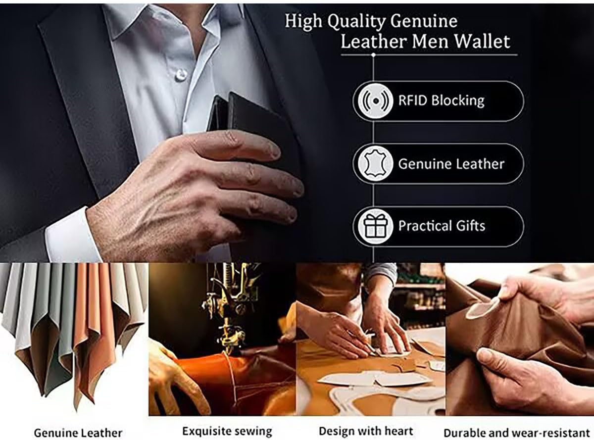 Men Wallet Genuine Leather Long Wallet RFID Blocking Slim Wallet Card Holder Bifold Purse
