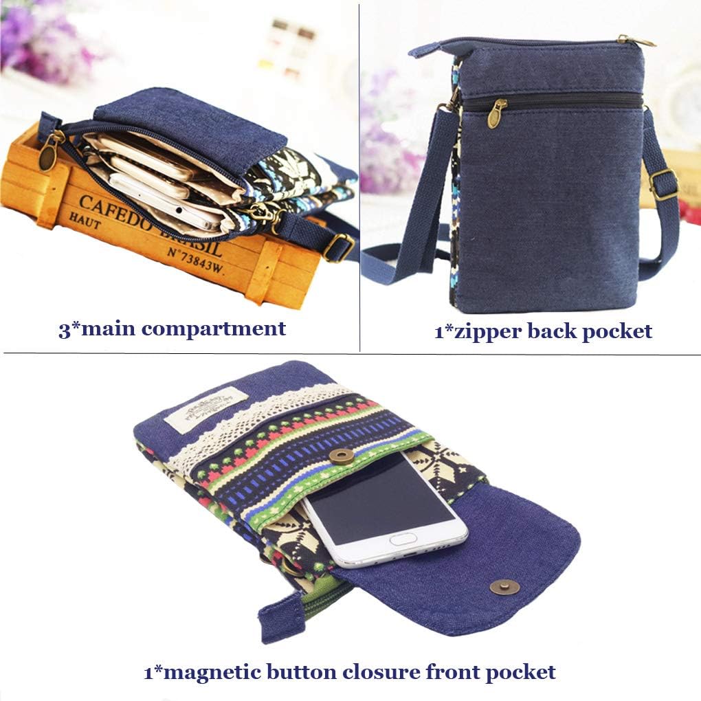 KXF Cell Phone Pouch Purse Wallet Canvas Zipper Ethnic Style Small Crossbody Messenger Bag Mini Shoulder Bag with Adjustable Shoulder Strap for Women Girls