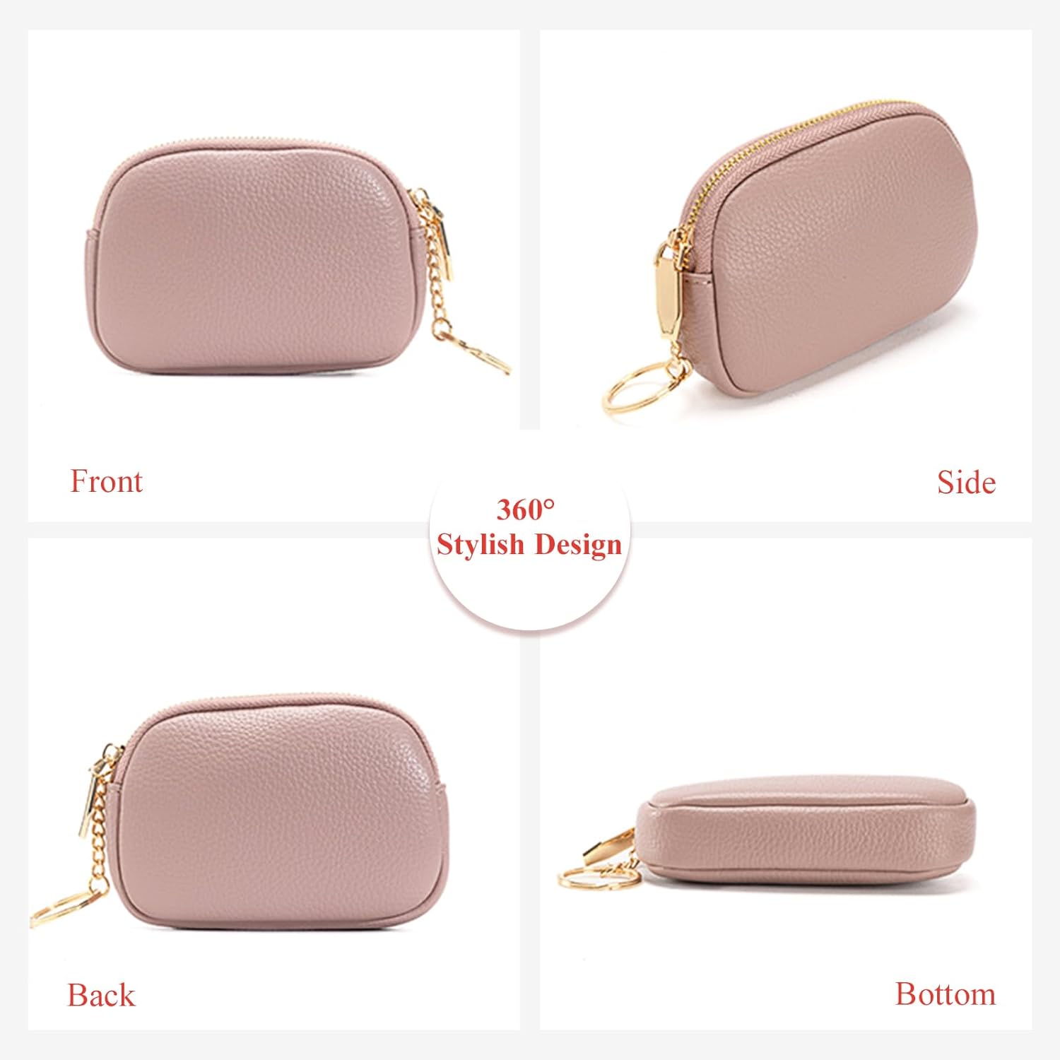 Women Small Coin Pouch Purses Mini Leather Change Wallet Women Zipper Pocket with Keychain (Pink)