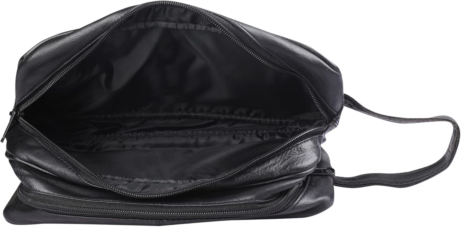 Mens Large Genuine Leather Travel Overnight Wash Gym Toiletry Shaving Bag 3520 Black