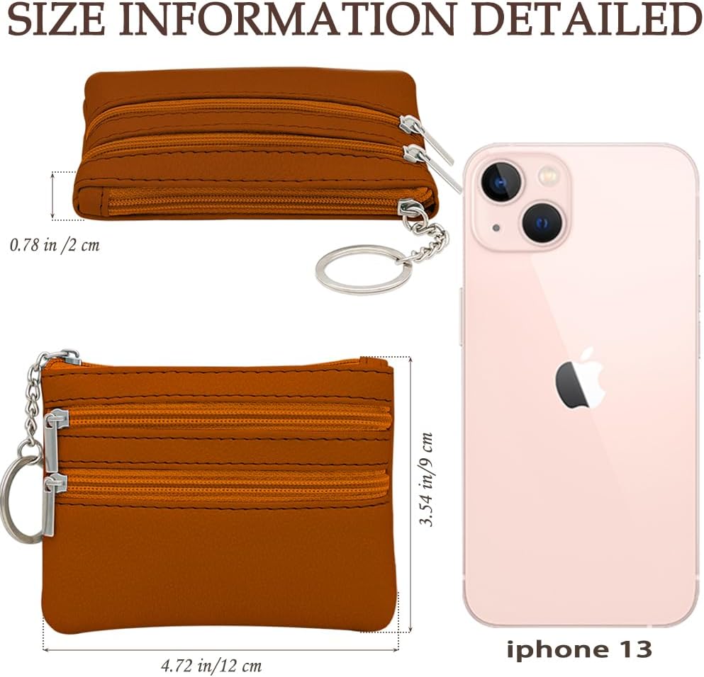 Women's Genuine Leather Coin Purse, Change Wallet, Mini Pouch Change Wallet, Zipper Mini Cash Wallet with Key Ring, Brown (LQB-ZE-01)