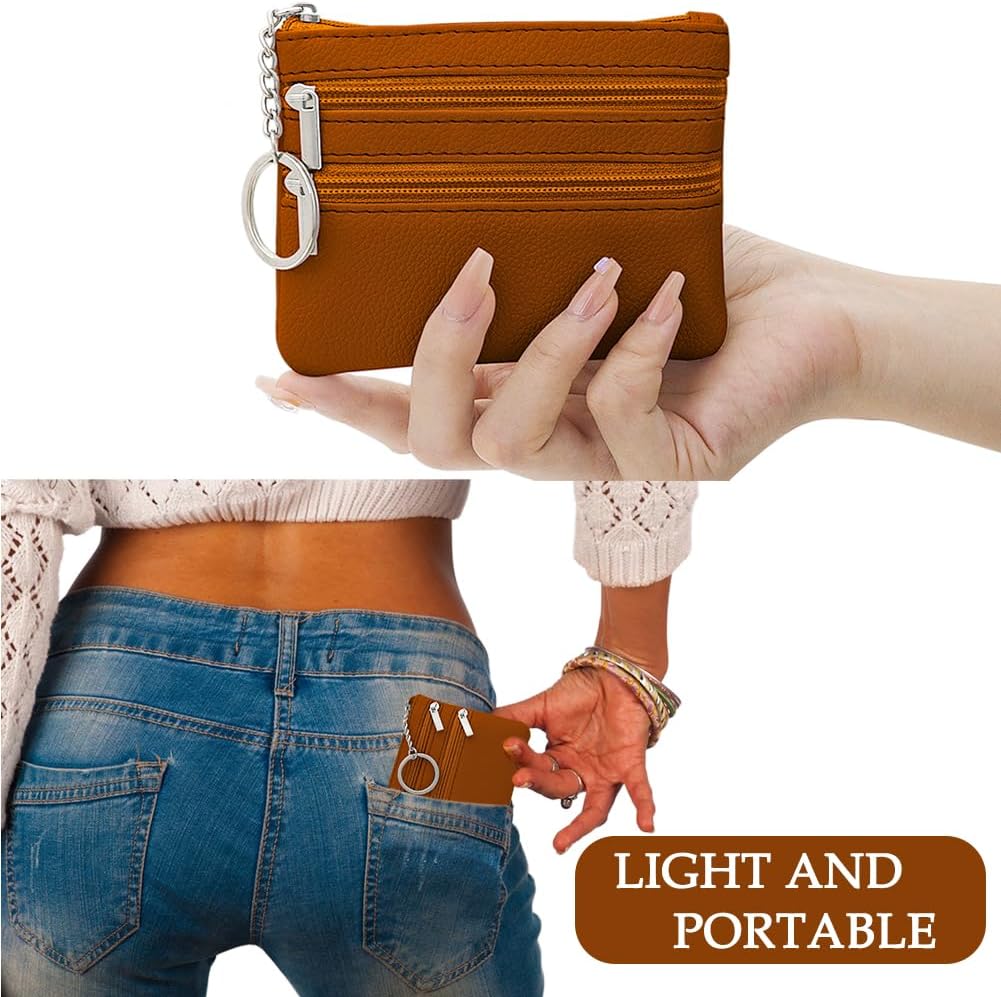Women's Genuine Leather Coin Purse, Change Wallet, Mini Pouch Change Wallet, Zipper Mini Cash Wallet with Key Ring, Brown (LQB-ZE-01)