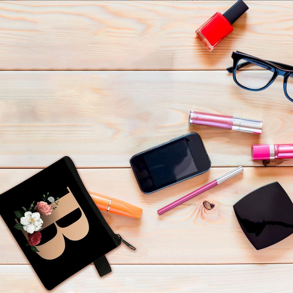 FAVORTALK Coin Purse Women Initial Purse Small Coin Pouch Portable Coin Bag Zipped Mini Slim Coin Purses for Girls Men Black Flowral Wallets - 13604