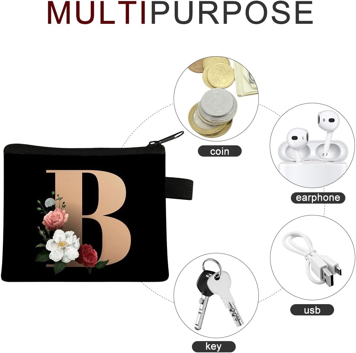 FAVORTALK Coin Purse Women Initial Purse Small Coin Pouch Portable Coin Bag Zipped Mini Slim Coin Purses for Girls Men Black Flowral Wallets - 13604