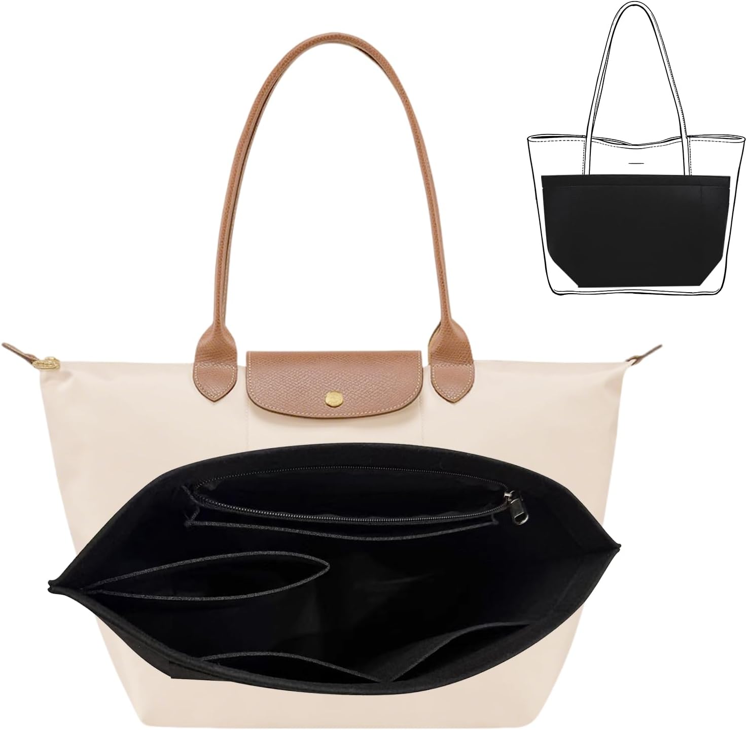 Bag Organiser, Tote Bag Organizer Insert With Zipper ,Purse Insert Organizer, Multi Pocket Felt Handbag Wallet Organizers, Folding Handbag Felt Insert For Bag Organizer Insert for Longchamp (Black, L)