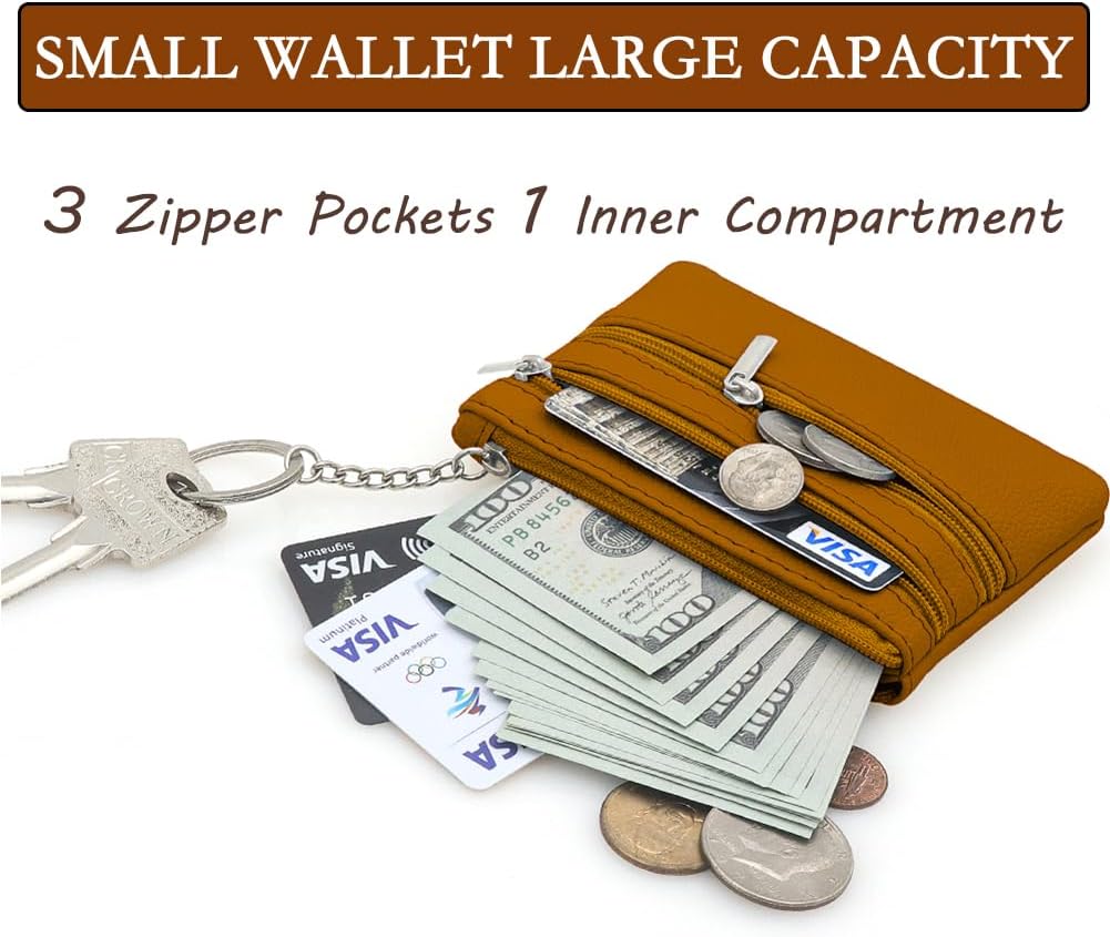 Women's Genuine Leather Coin Purse, Change Wallet, Mini Pouch Change Wallet, Zipper Mini Cash Wallet with Key Ring, Brown (LQB-ZE-01)