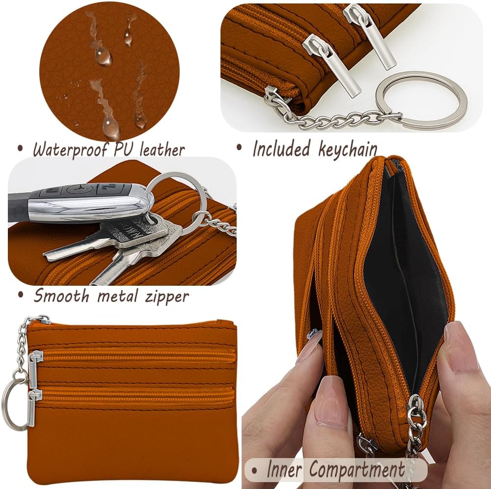 Women's Genuine Leather Coin Purse, Change Wallet, Mini Pouch Change Wallet, Zipper Mini Cash Wallet with Key Ring, Brown (LQB-ZE-01)