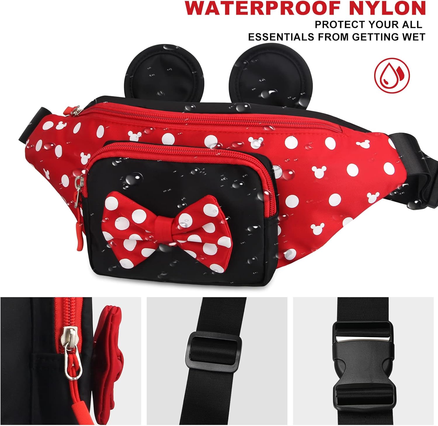 Disney Minnie Mouse Fanny Pack for Women, Travel Waist Bag with Mouse Ears, Teen Girls Belt Pack, Outdoor Hiking Bum Bag