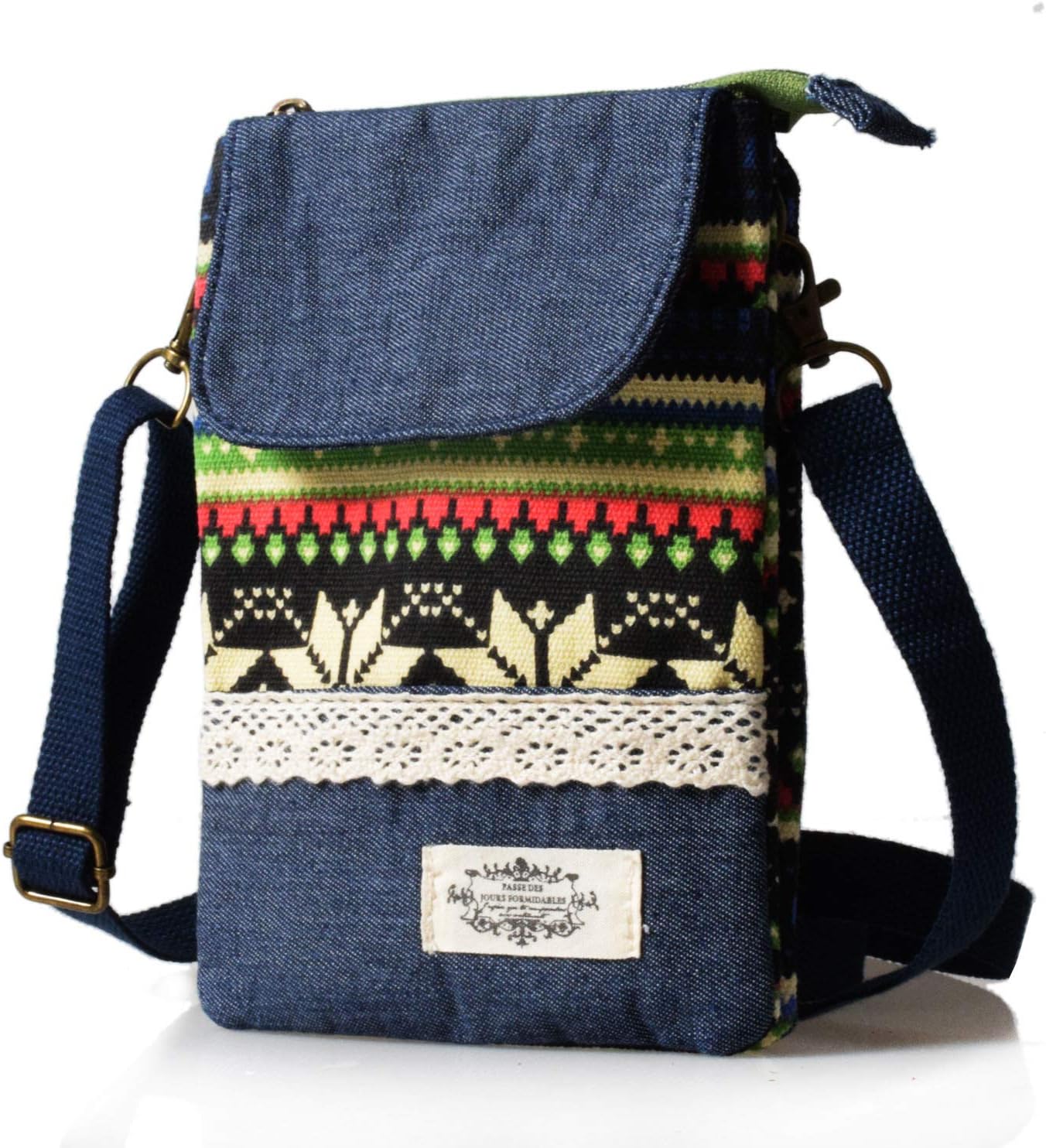 KXF Cell Phone Pouch Purse Wallet Canvas Zipper Ethnic Style Small Crossbody Messenger Bag Mini Shoulder Bag with Adjustable Shoulder Strap for Women Girls