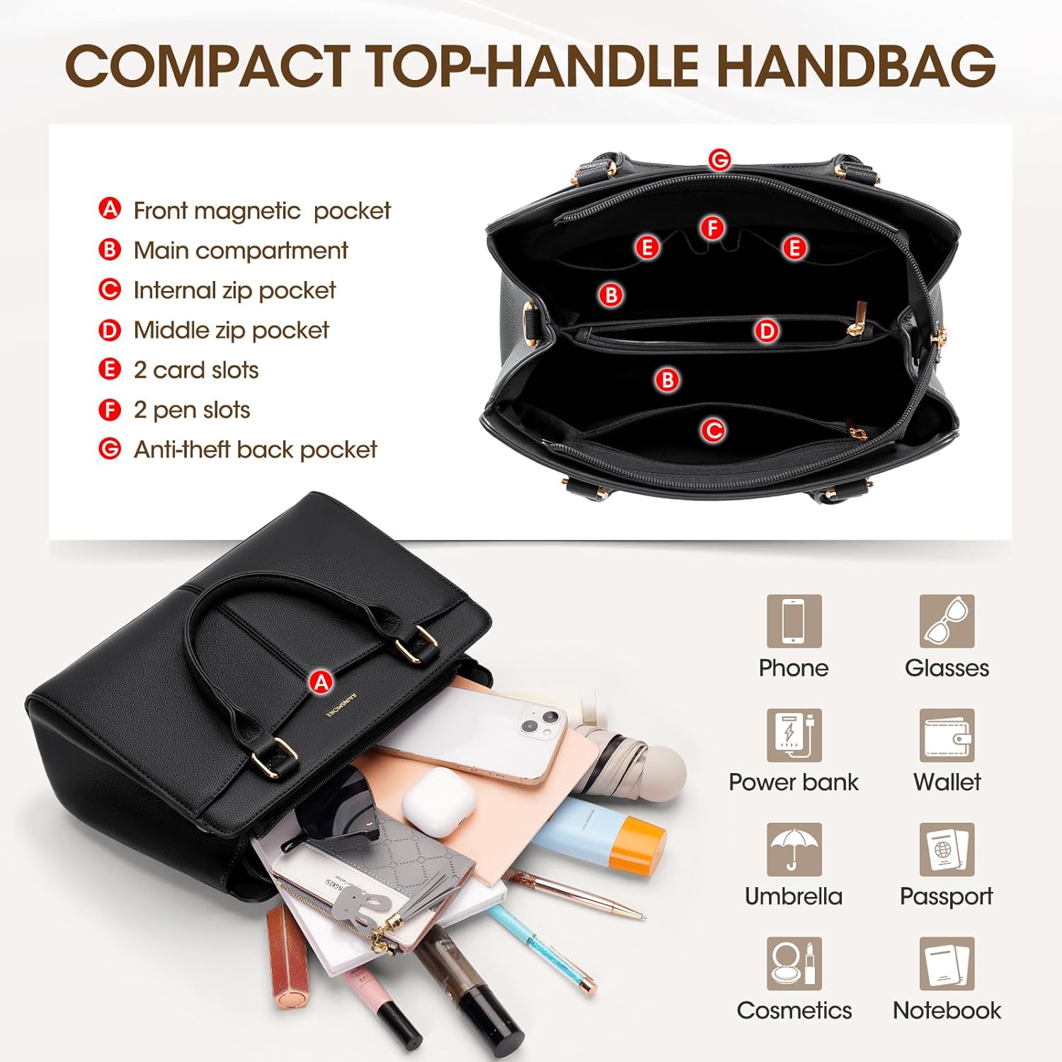 RAINSMORE Handbags for Women PU Leather Designer Handbags for Women Elegant Top Handle Shoulder Bag Tote Bag for Casual Travel