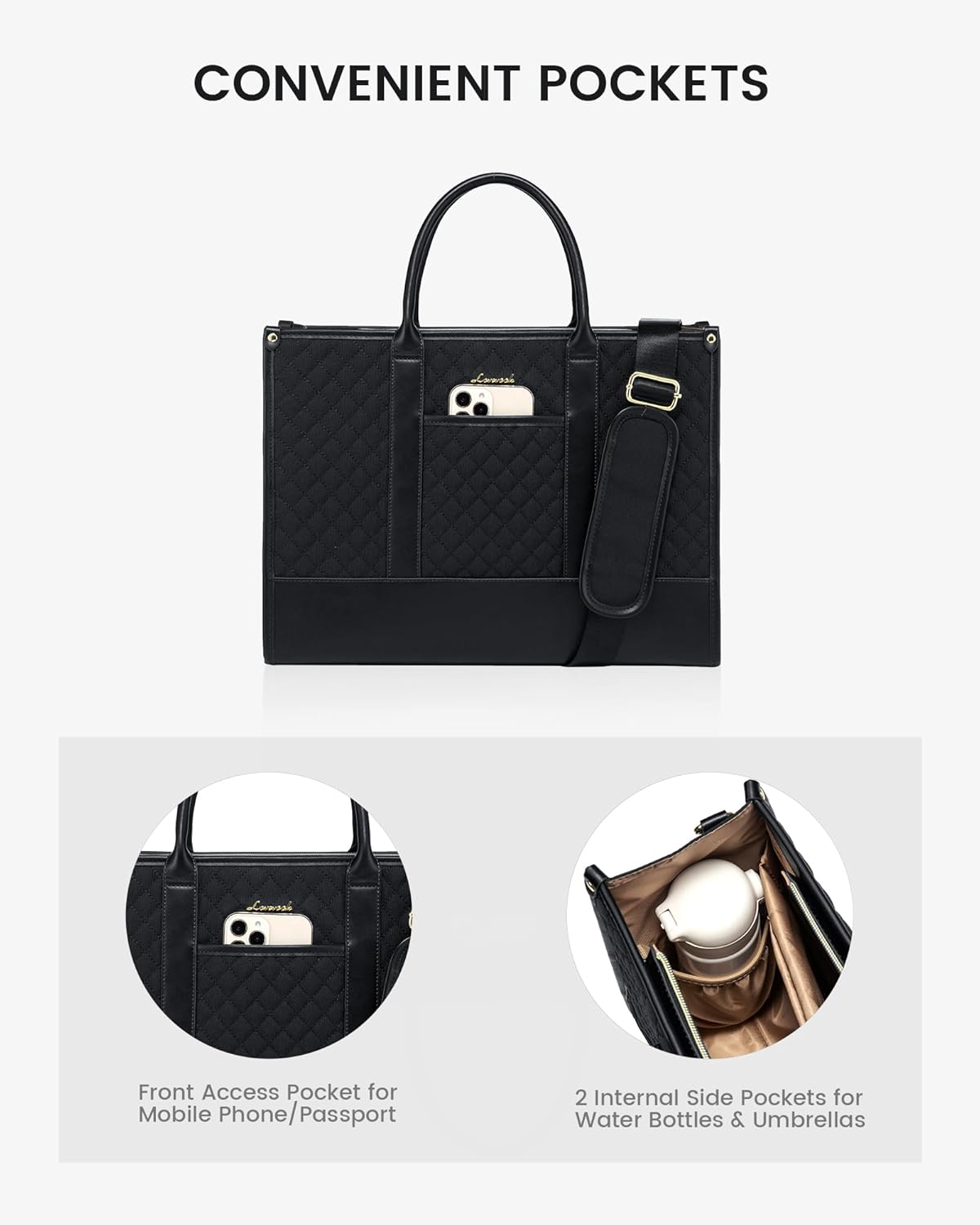 LOVEVOOK Handbags for Women Laptop Bags 15.6 Inch, Ladies Tote Bag for Work Office Business School, Large Womens Shoulder Bag with Adjustable Straps & Clutch Bag Lightweight, Black