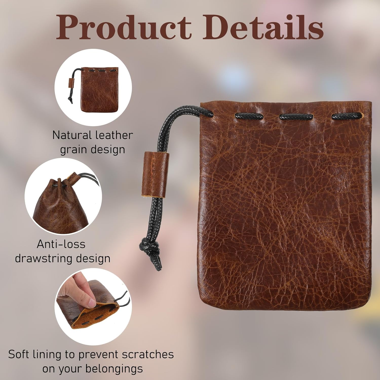 Leather Drawstring Pouch, Cowhide Storage Bag Small Waterproof Leather Pouch Vintage Jewelry Coin Purse, Wallet Gift (Small)