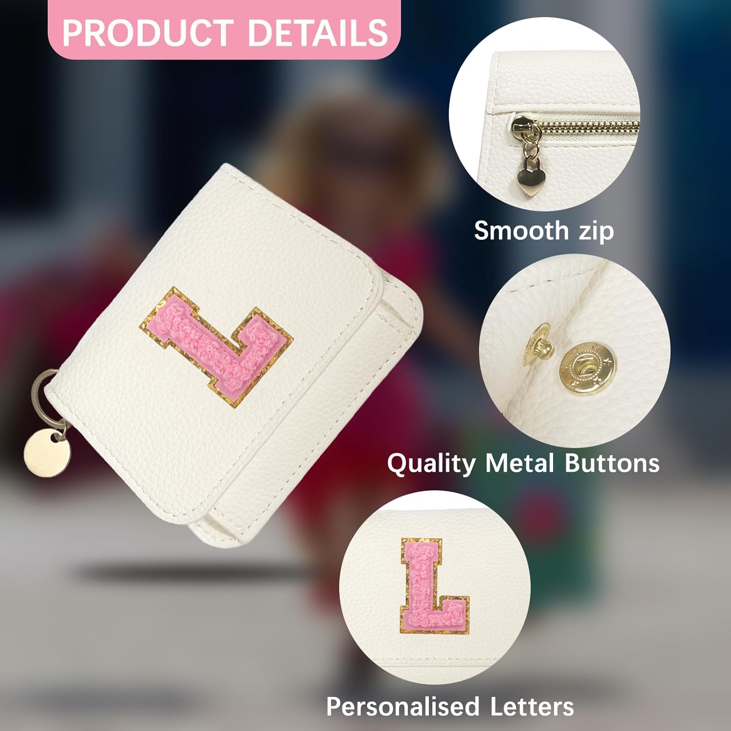 Girls Wallet, Initial Women's Wallets, White Small Wallet for Kids with 5 Card Slots Holder, Personalised Purses Gifts for Girls and Women, Birthday Gift, Christmas Gifts, Travelling Wallets Gift (L)