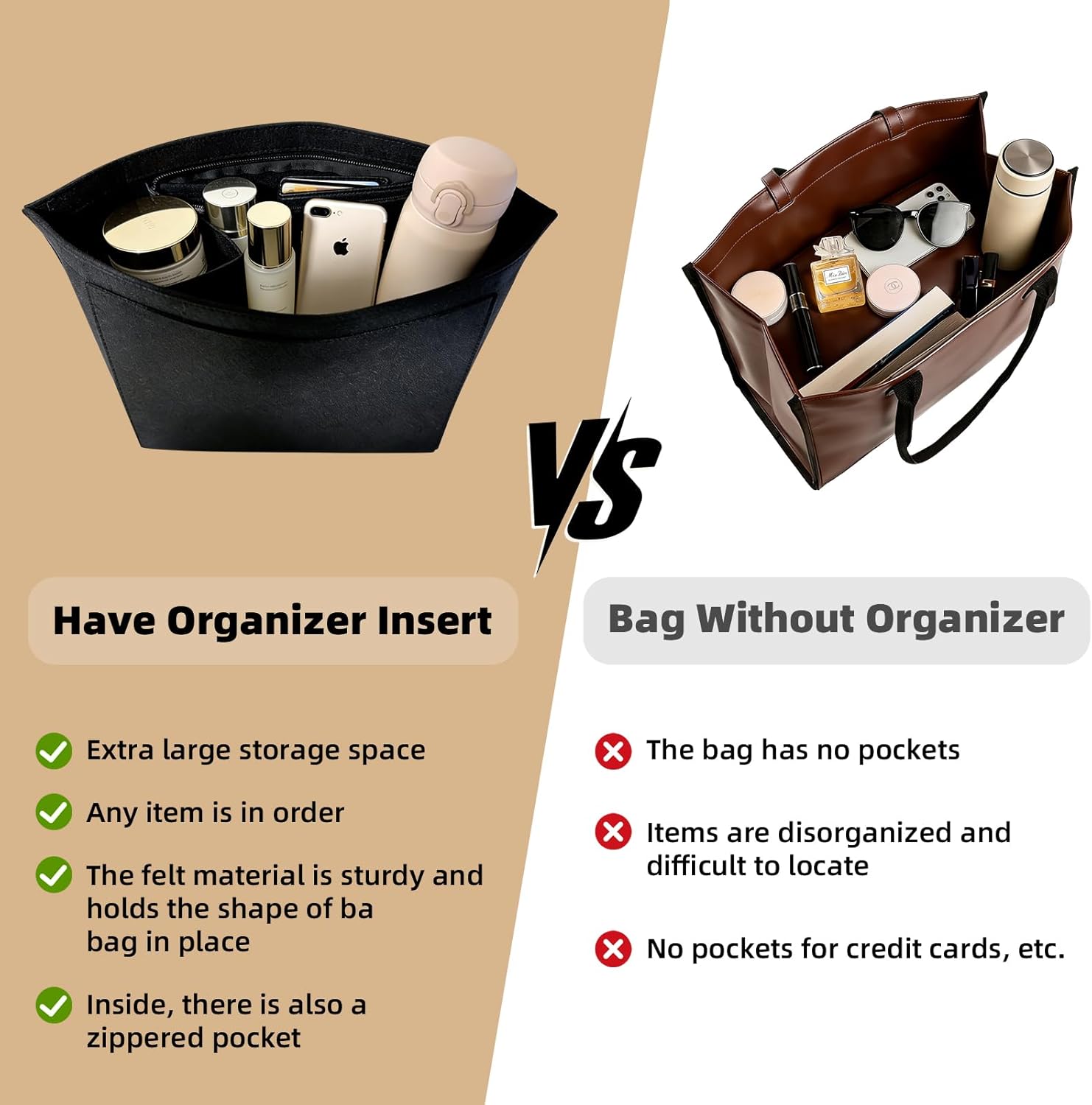 Bag Organiser, Tote Bag Organizer Insert With Zipper ,Purse Insert Organizer, Multi Pocket Felt Handbag Wallet Organizers, Folding Handbag Felt Insert For Bag Organizer Insert for Longchamp (Black, L)