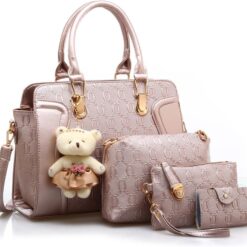 Women PU Leather Handbag Top Handle bag Messenger Bag Shoulder Bag Tote Bag Card Purse in Gold (4 Pcs Set)