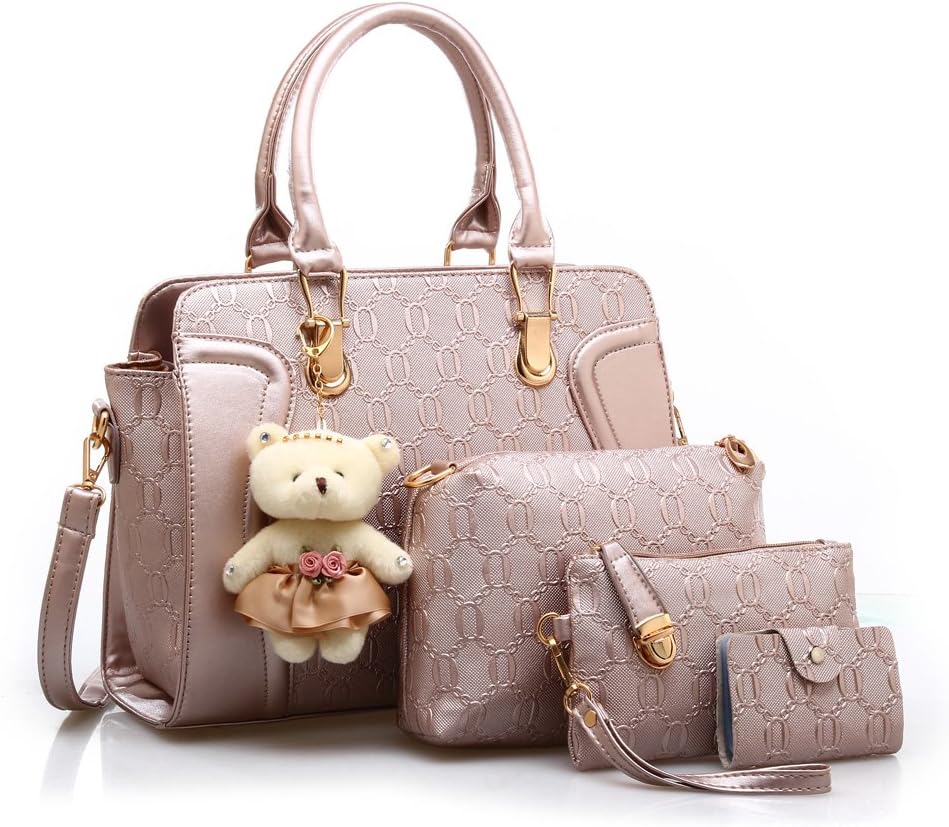 Women PU Leather Handbag Top Handle bag Messenger Bag Shoulder Bag Tote Bag Card Purse in Gold (4 Pcs Set)