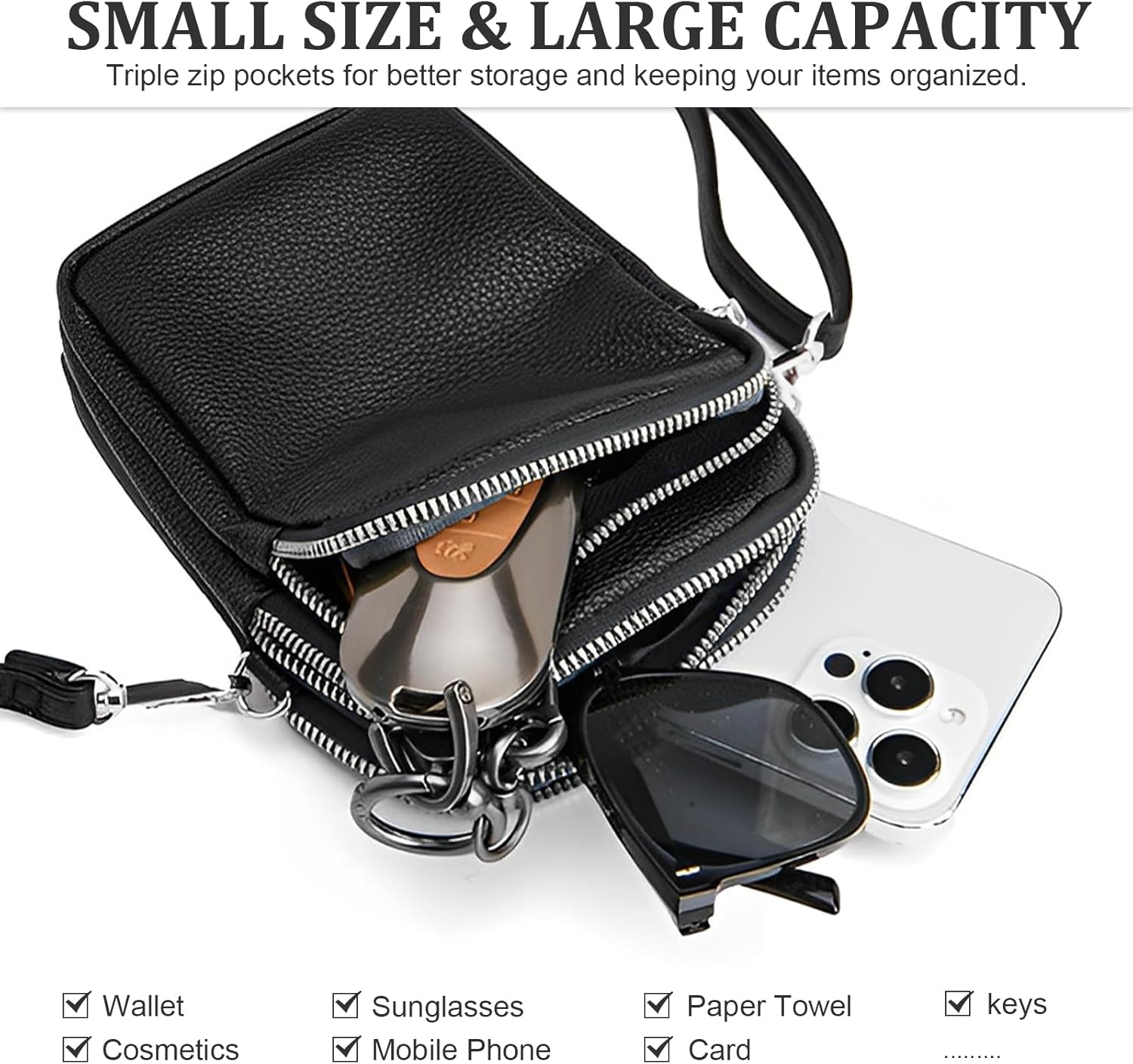 Soft Vegan Leather Phone Crossbody Bag for Women 3 Layer Zipper Pockets Cell Phone Purse Wallet Mini Shoulder Handbags with Adjustable Strap