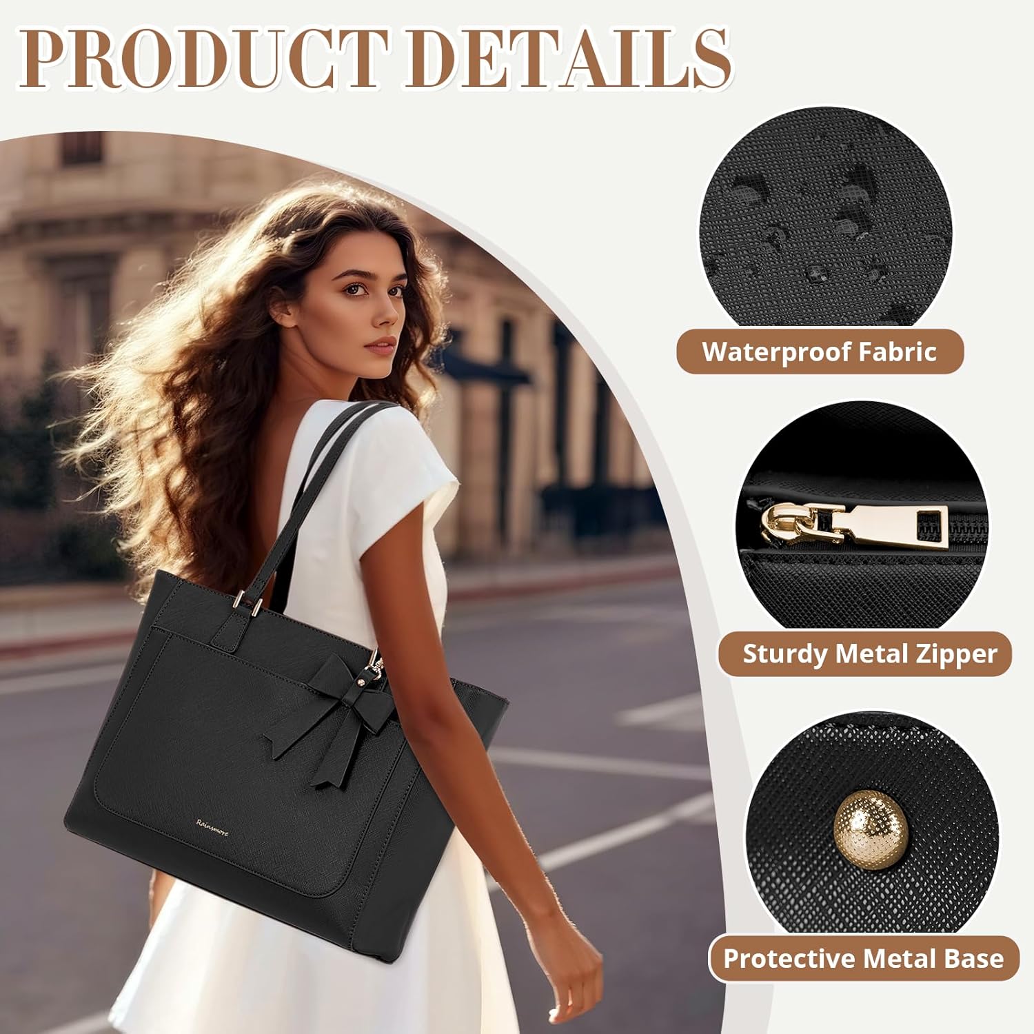 RAINSMORE Tote Bags for Women Large Handbags for Women Waterproof PU Leather Shoulder Bag Ladies Tote Bag with Zip Handbag for School Work Travel Daily Black