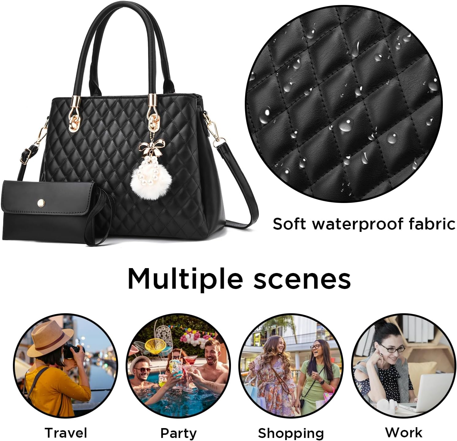 I IHAYNER Womens Leather Handbag and Wallet Set Top Handle Tote Satchel Shoulder Bag for Ladies with Pompom 2 Piece Purse Set