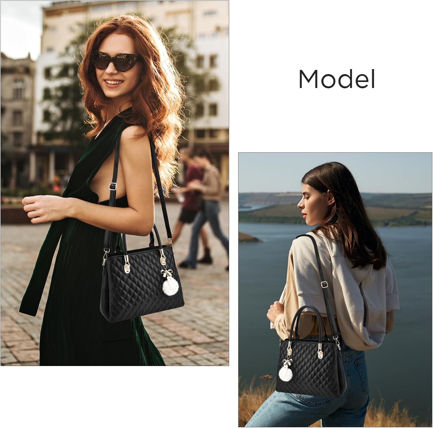 I IHAYNER Womens Leather Handbag and Wallet Set Top Handle Tote Satchel Shoulder Bag for Ladies with Pompom 2 Piece Purse Set