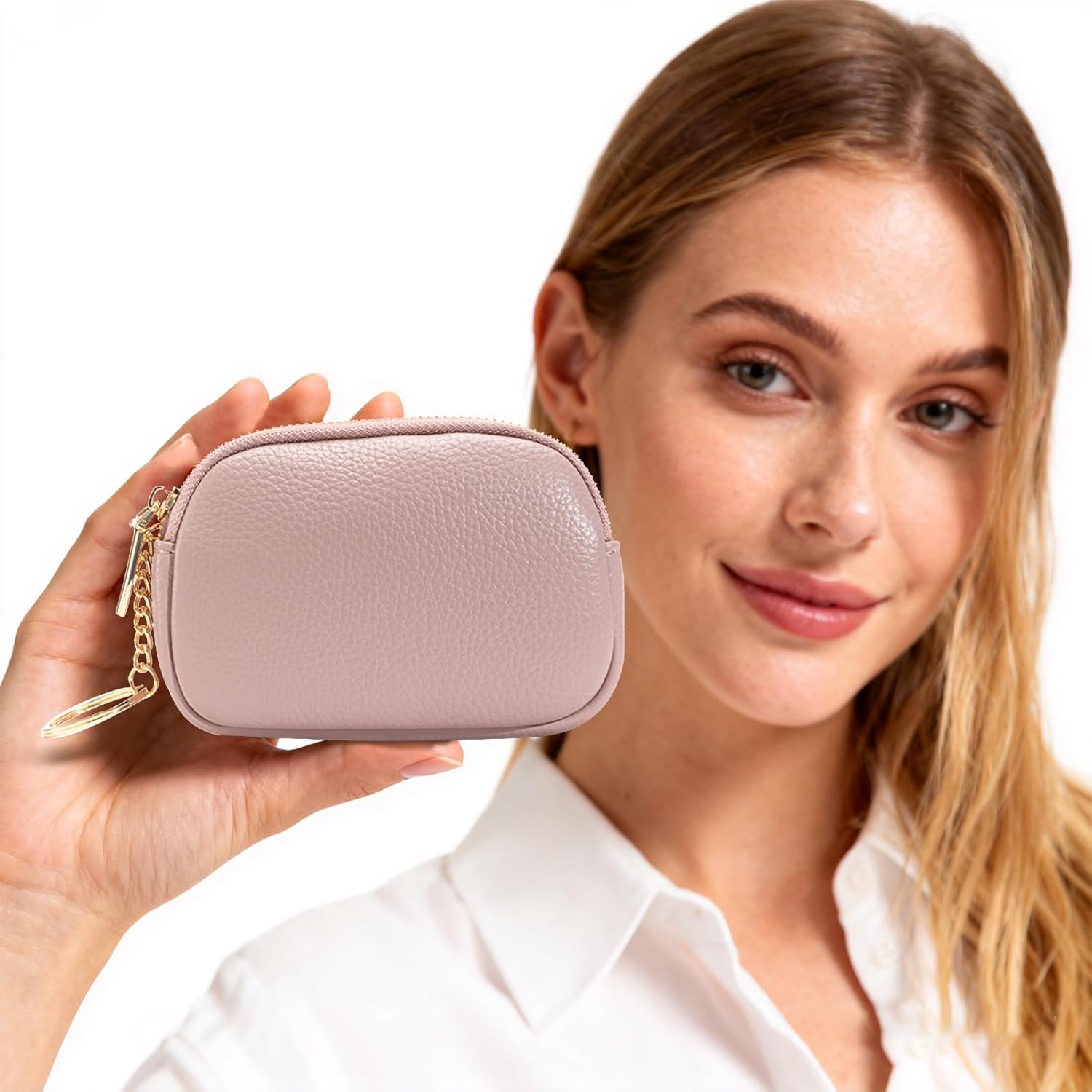 Women Small Coin Pouch Purses Mini Leather Change Wallet Women Zipper Pocket with Keychain (Pink)