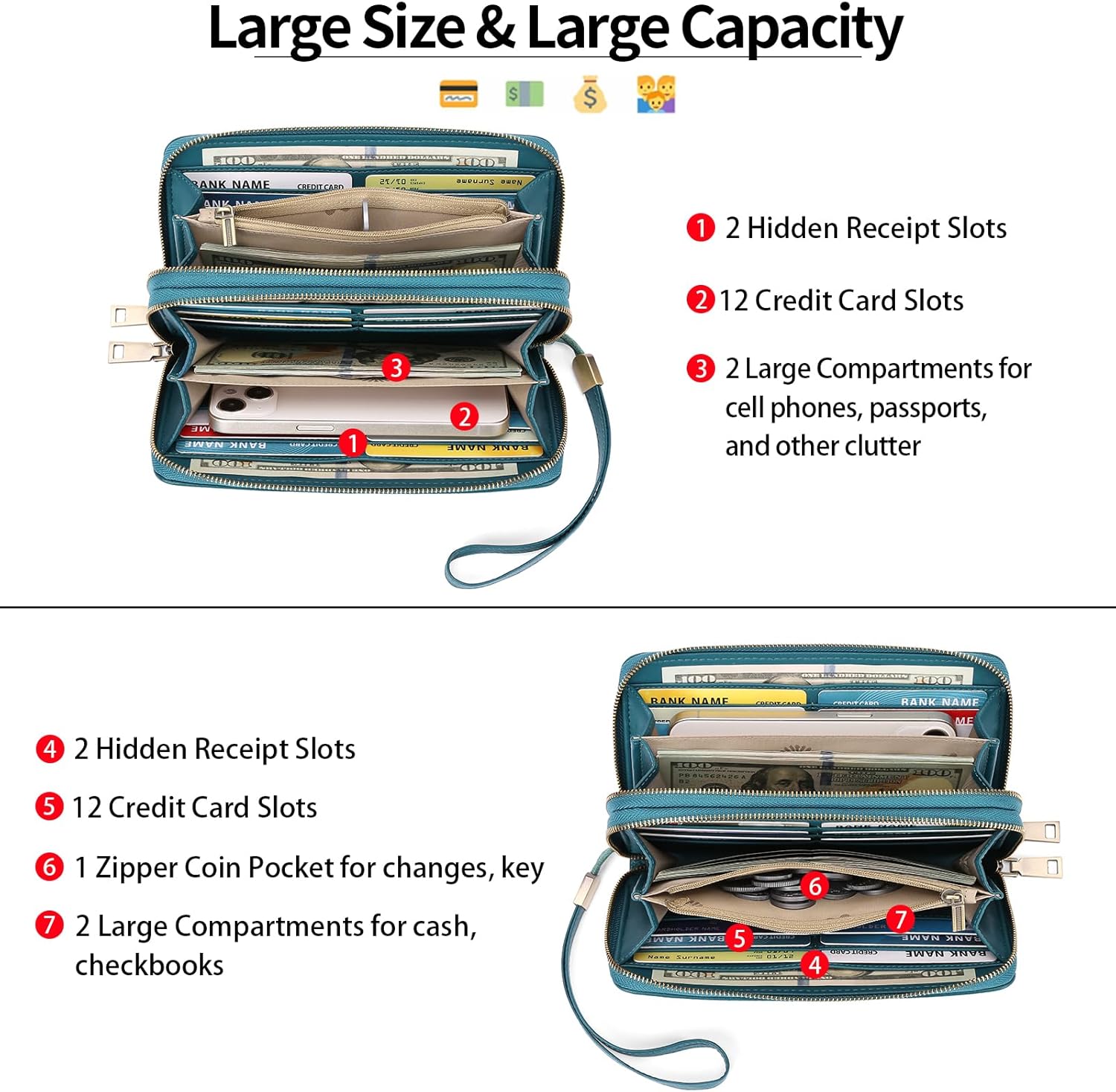 GAEKEAO Purses for Women Double Zipper Phone Clutch RFID Blocking Vegan Leather Wristlet Purse Large Capacity Long Credit Card Holder with Grip Hand Strap