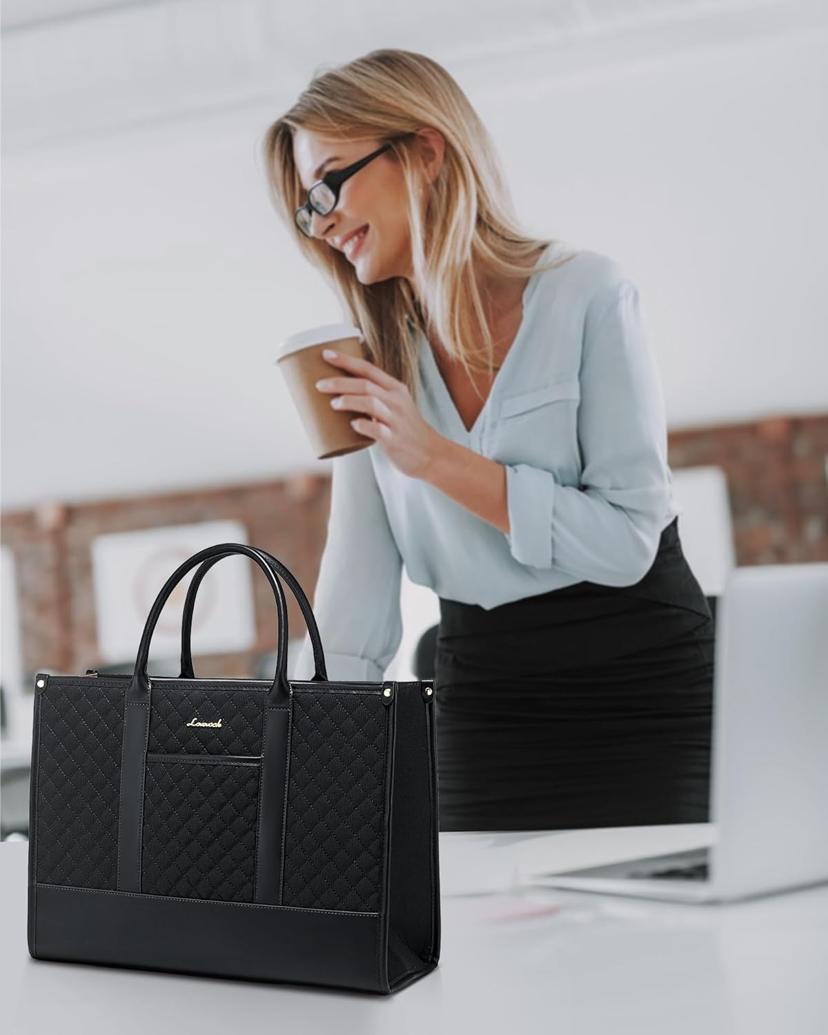 LOVEVOOK Handbags for Women Laptop Bags 15.6 Inch, Ladies Tote Bag for Work Office Business School, Large Womens Shoulder Bag with Adjustable Straps & Clutch Bag Lightweight, Black