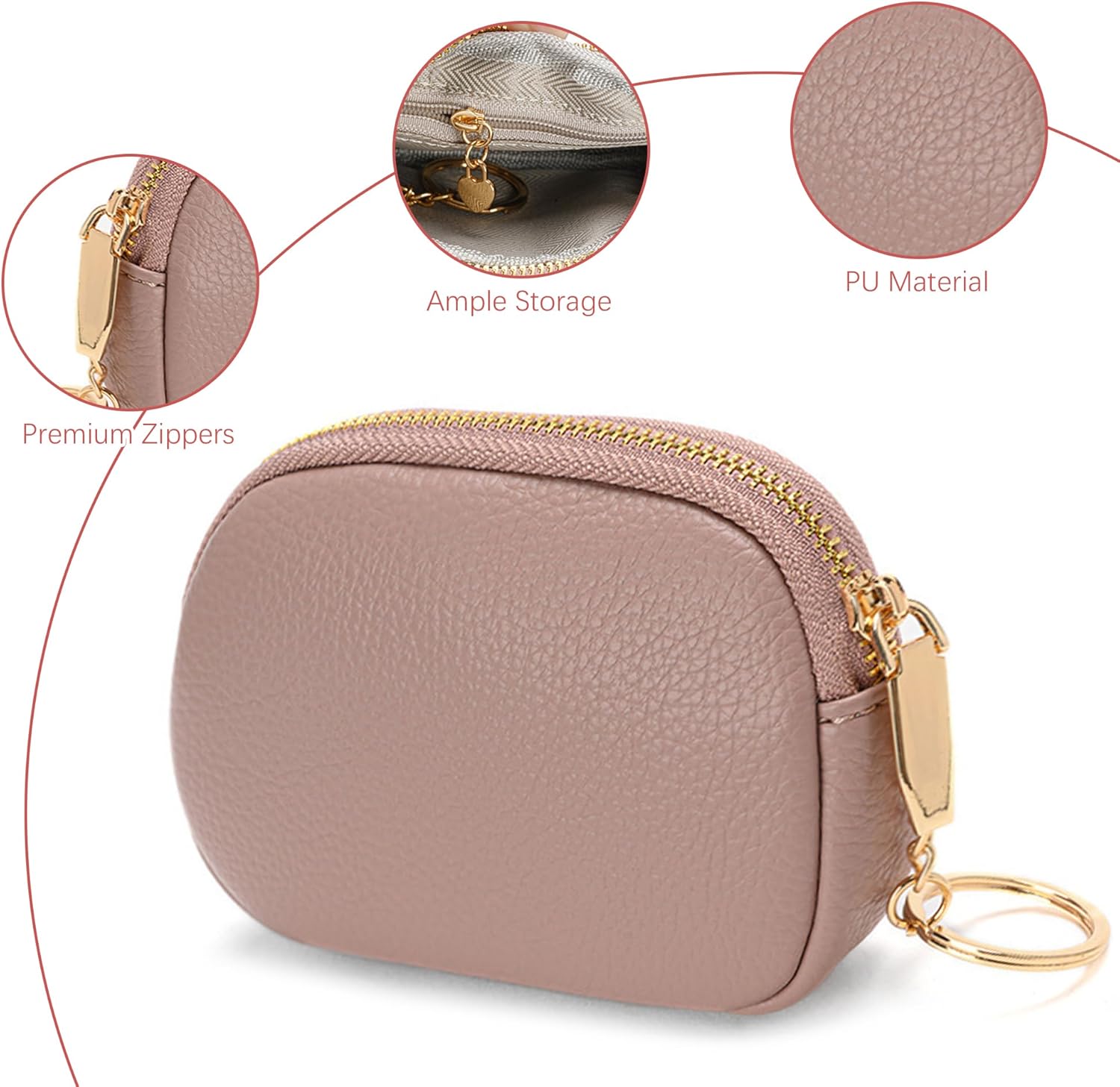 Women Small Coin Pouch Purses Mini Leather Change Wallet Women Zipper Pocket with Keychain (Pink)