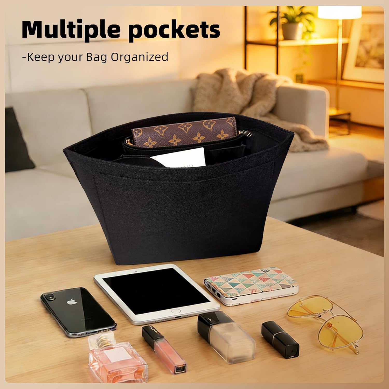 Bag Organiser, Tote Bag Organizer Insert With Zipper ,Purse Insert Organizer, Multi Pocket Felt Handbag Wallet Organizers, Folding Handbag Felt Insert For Bag Organizer Insert for Longchamp (Black, L)