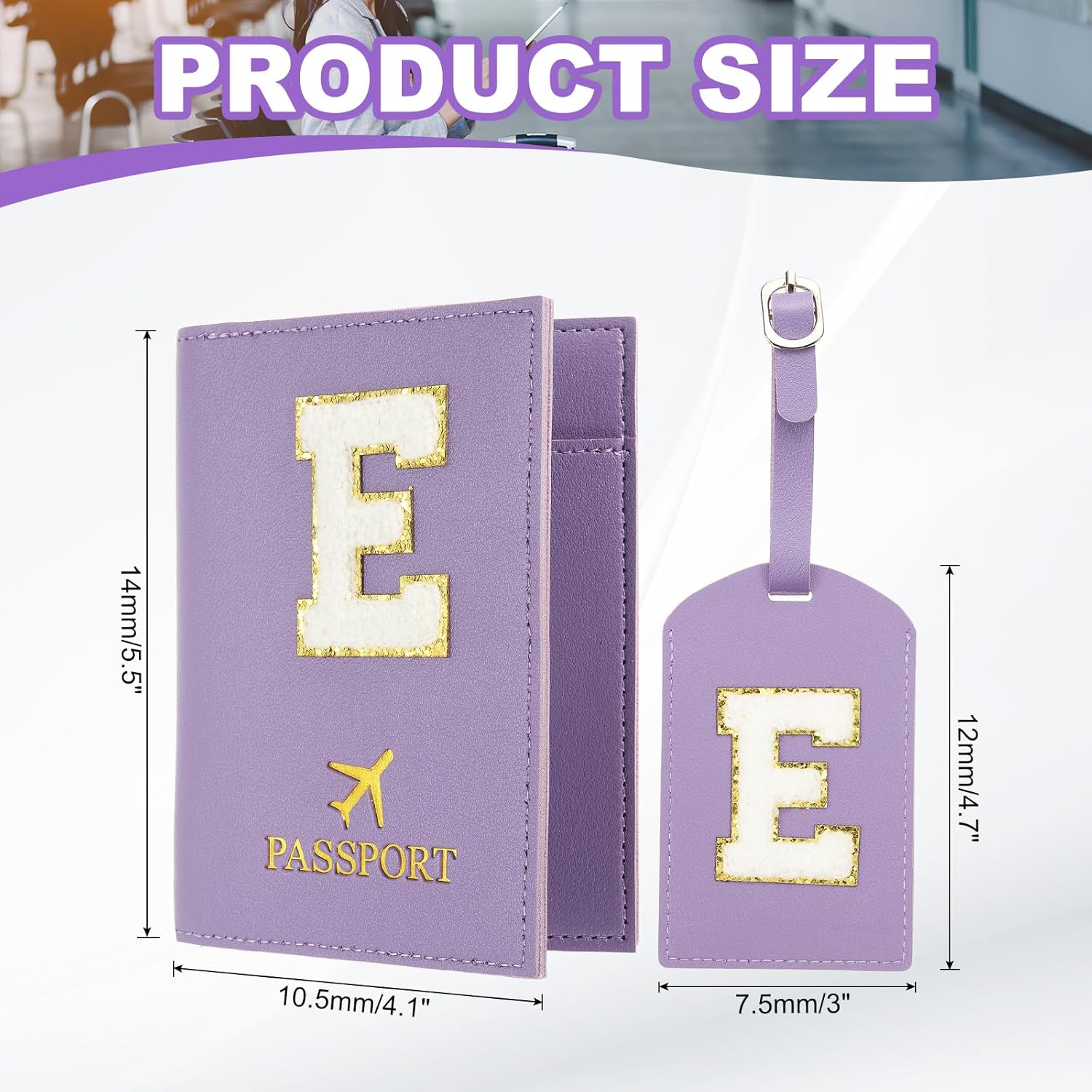 PATIKIL Passport Holder for Travel, Initial Passport Cover and Luggage Tag Set with Alphabet Chenille Letter Patch Travel Wallet Bag Suitcase Identifier for Women Family Travel Purple E