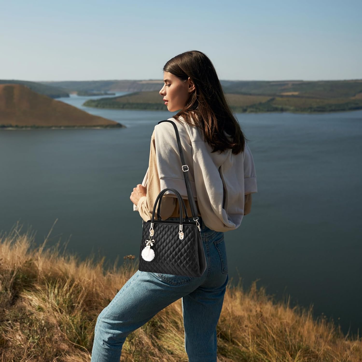 I IHAYNER Womens Leather Handbag and Wallet Set Top Handle Tote Satchel Shoulder Bag for Ladies with Pompom 2 Piece Purse Set