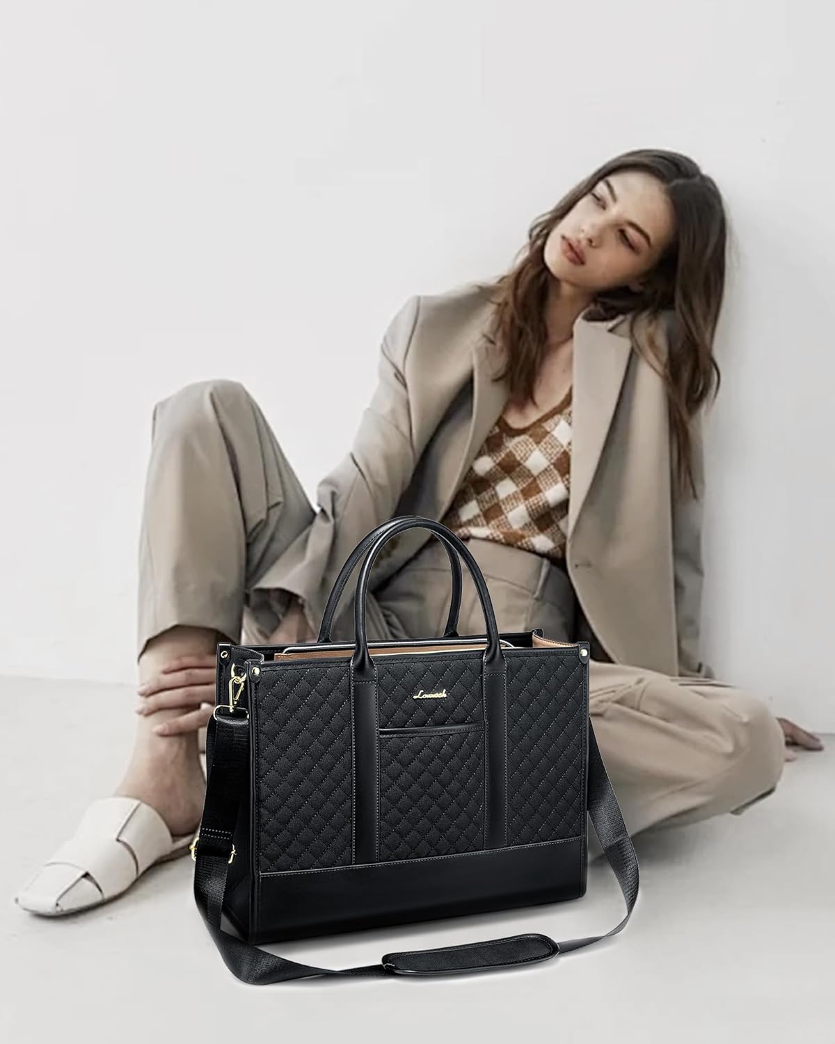 LOVEVOOK Handbags for Women Laptop Bags 15.6 Inch, Ladies Tote Bag for Work Office Business School, Large Womens Shoulder Bag with Adjustable Straps & Clutch Bag Lightweight, Black