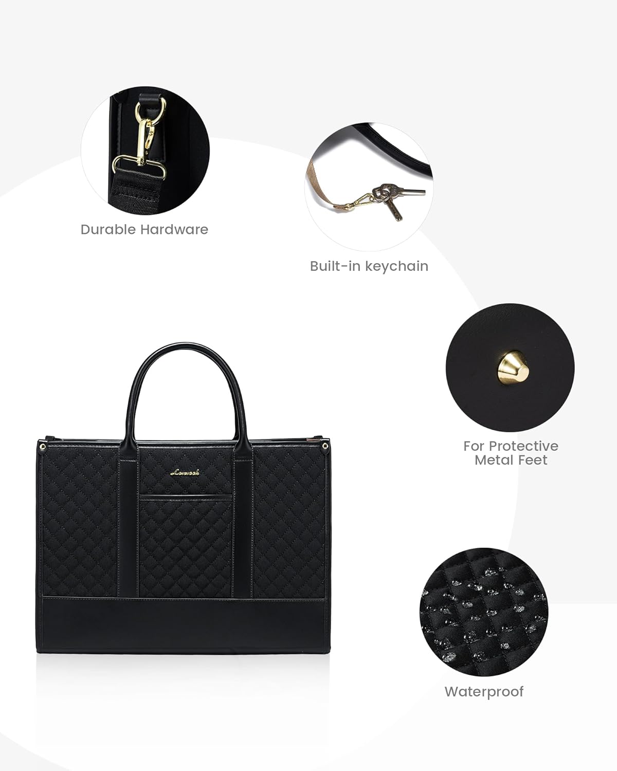 LOVEVOOK Handbags for Women Laptop Bags 15.6 Inch, Ladies Tote Bag for Work Office Business School, Large Womens Shoulder Bag with Adjustable Straps & Clutch Bag Lightweight, Black