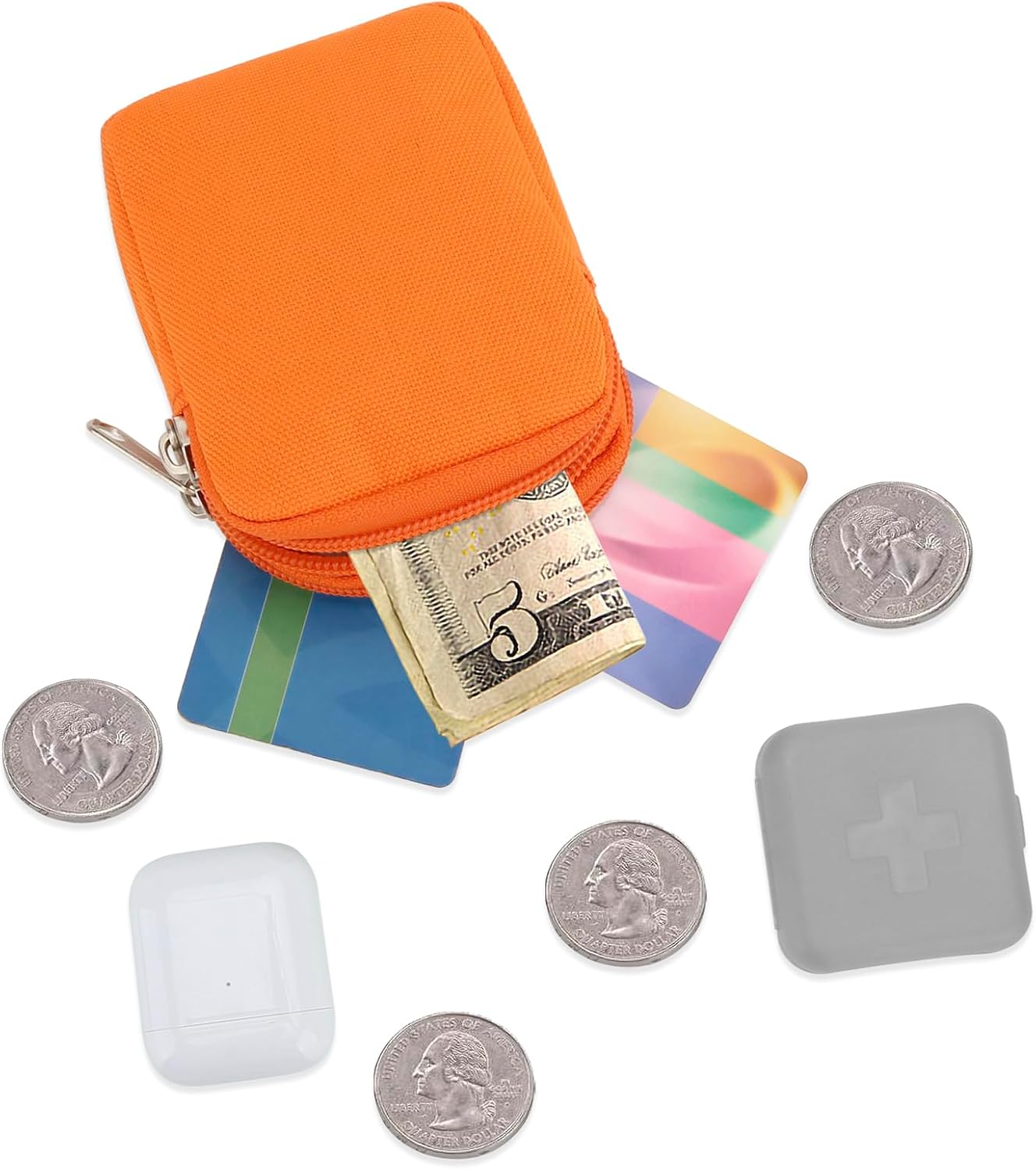 Mini Pouch Coin Purse Small Organizer Bag for Phone Charger, Airpods, Cables, Cards, Keys, Travel Gadget Bag Wallet Zipper Pocket with Hook (Orange)