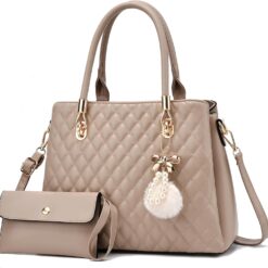 I IHAYNER Womens Leather Handbag and Wallet Set Top Handle Tote Satchel Shoulder Bag for Ladies with Pompom 2 Piece Purse Set