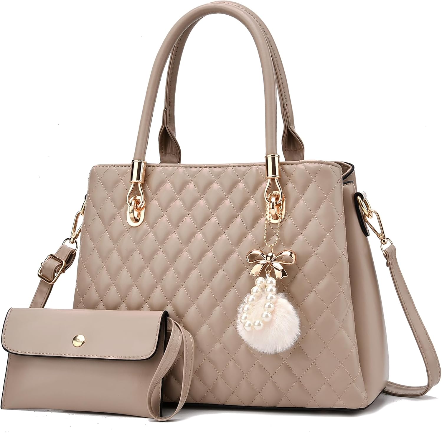 I IHAYNER Womens Leather Handbag and Wallet Set Top Handle Tote Satchel Shoulder Bag for Ladies with Pompom 2 Piece Purse Set