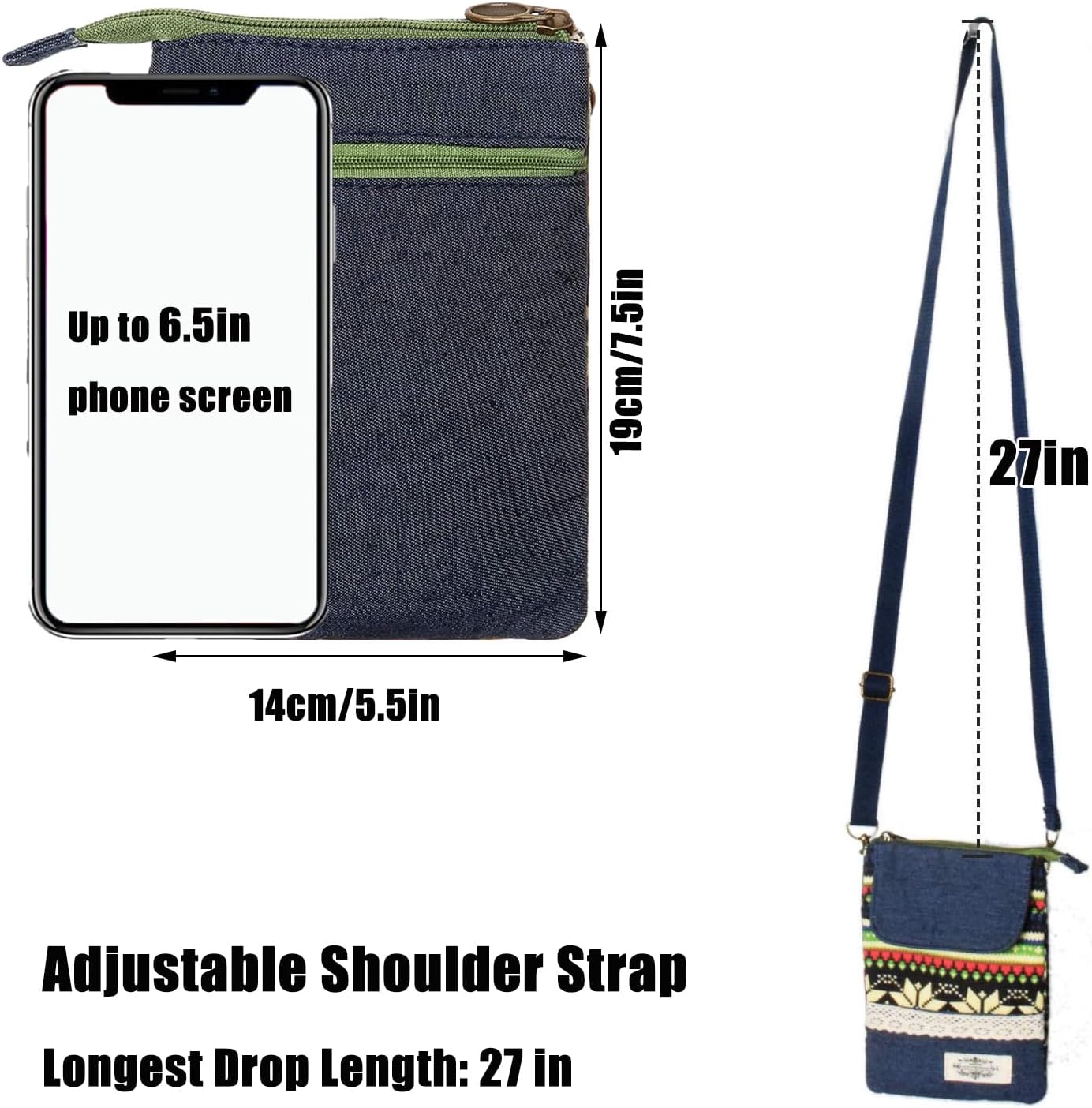 KXF Cell Phone Pouch Purse Wallet Canvas Zipper Ethnic Style Small Crossbody Messenger Bag Mini Shoulder Bag with Adjustable Shoulder Strap for Women Girls