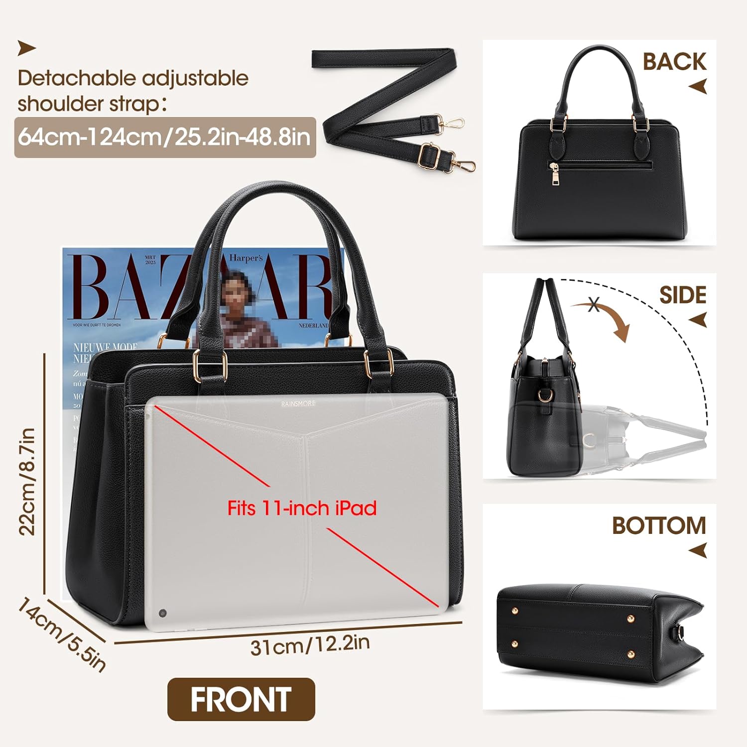 RAINSMORE Handbags for Women PU Leather Designer Handbags for Women Elegant Top Handle Shoulder Bag Tote Bag for Casual Travel