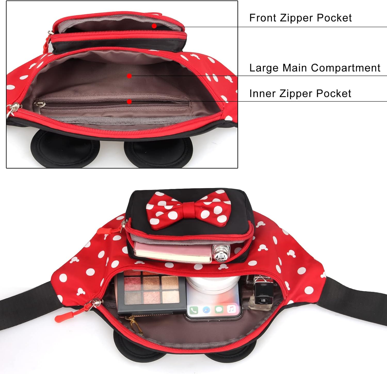Disney Minnie Mouse Fanny Pack for Women, Travel Waist Bag with Mouse Ears, Teen Girls Belt Pack, Outdoor Hiking Bum Bag