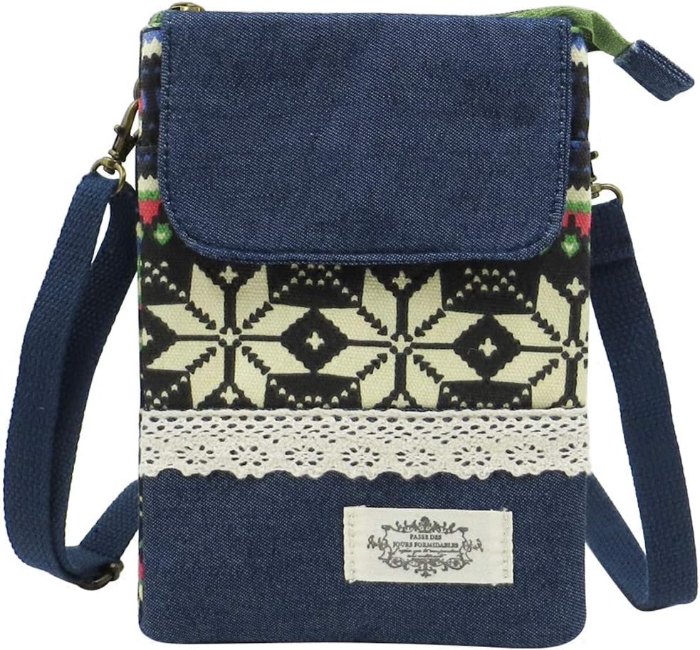 KXF Cell Phone Pouch Purse Wallet Canvas Zipper Ethnic Style Small Crossbody Messenger Bag Mini Shoulder Bag with Adjustable Shoulder Strap for Women Girls