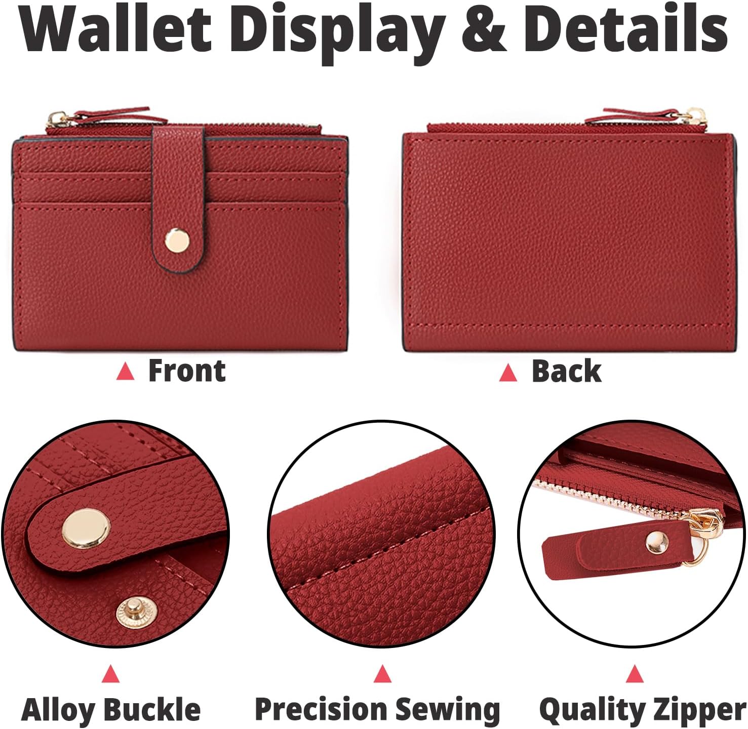 Wallet for Woman, Slim Credit Card Wallets Small Wallet with Buckle Zipper Slim Wallet Purse (Red)
