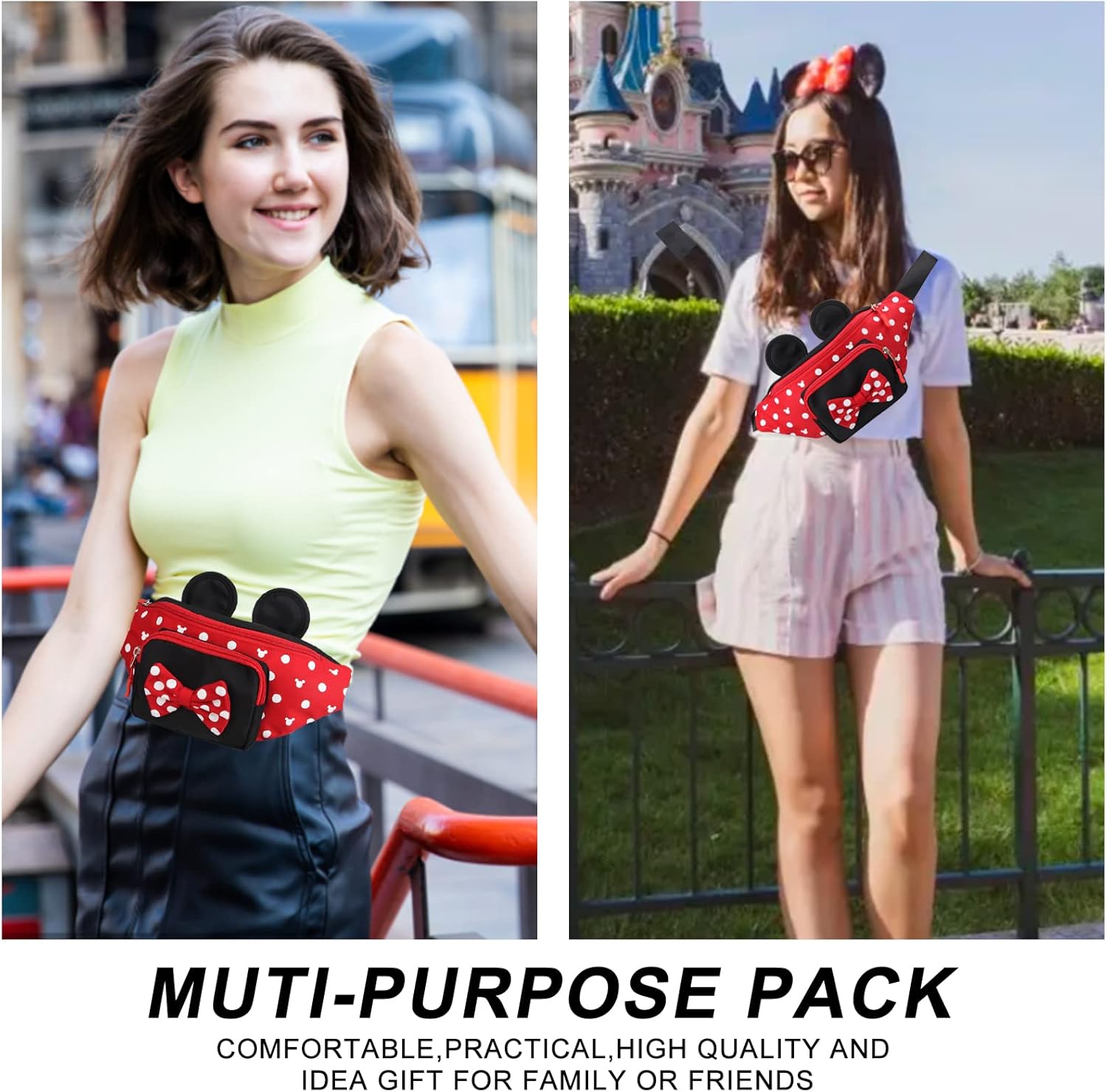 Disney Minnie Mouse Fanny Pack for Women, Travel Waist Bag with Mouse Ears, Teen Girls Belt Pack, Outdoor Hiking Bum Bag
