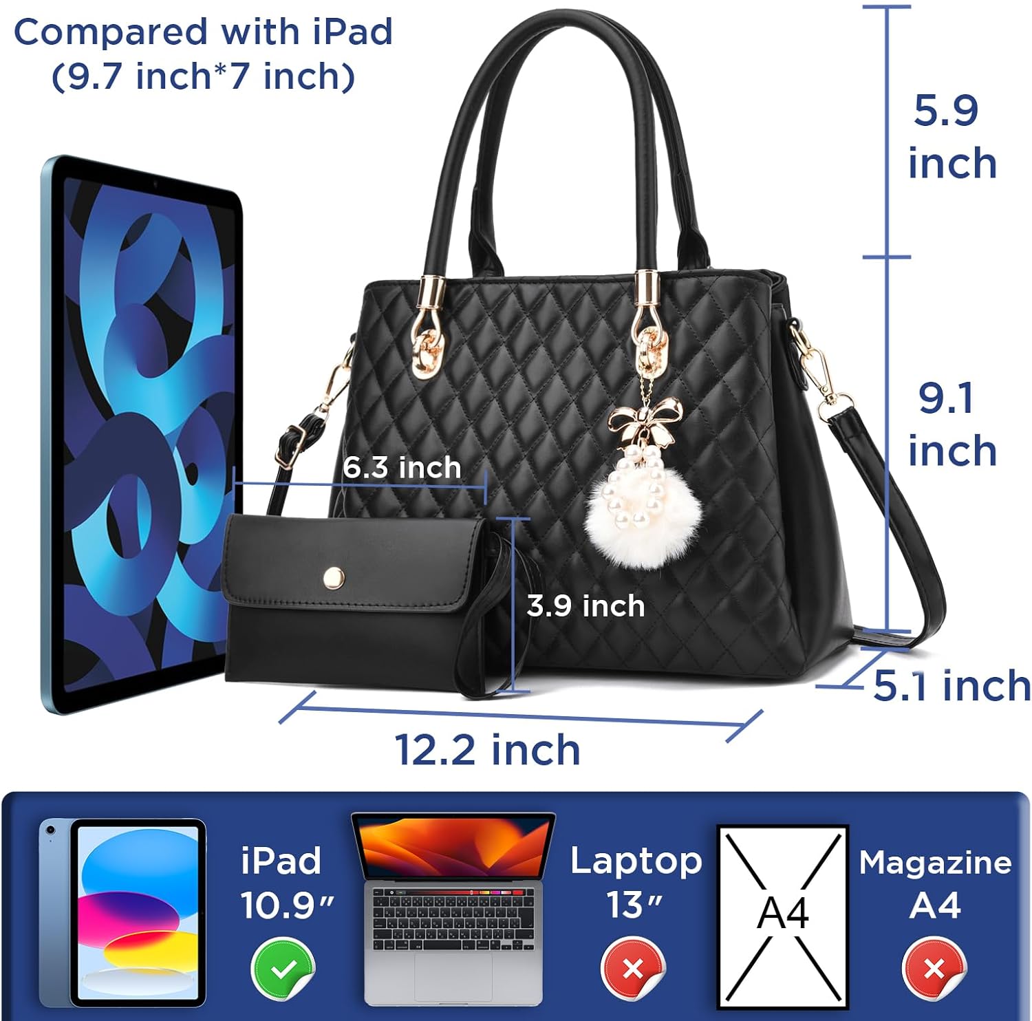 I IHAYNER Womens Leather Handbag and Wallet Set Top Handle Tote Satchel Shoulder Bag for Ladies with Pompom 2 Piece Purse Set