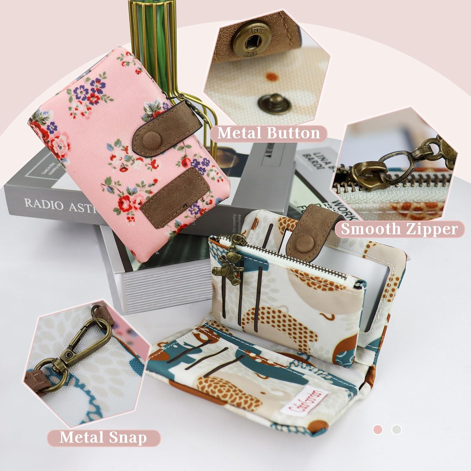 Small Purses for Women Stylish Ladies Wallet with Detachable Wrist Strap, Multi Card Slot Women Wallets Portable Ladies Purse with 11 Card Slots and 2 Zip Pockets (Elephant)