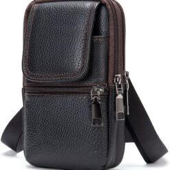 Mens Leather Black Waist Pouch, Crossbody Bag Men, Vertical Cell Phone Belt Loop Holster Smartphone Shoulder Messenger Bag Zipper Cross Body Purse Handbag Wallet