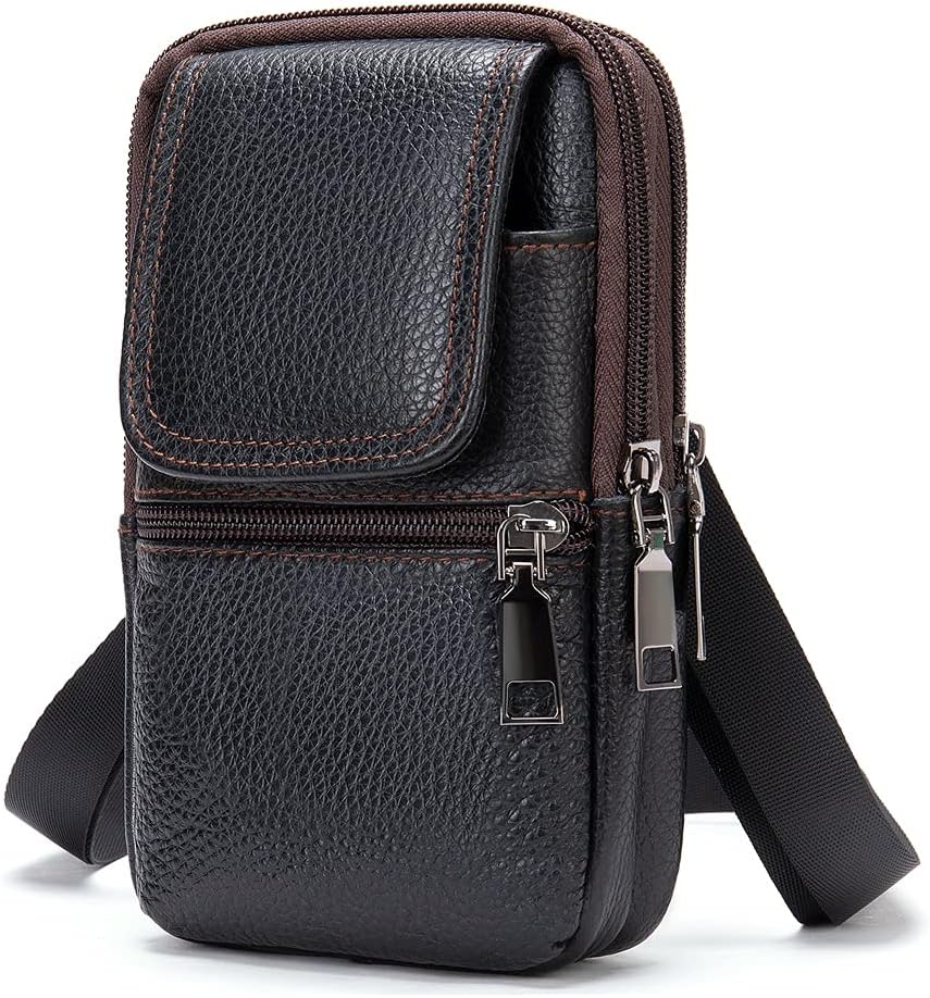Mens Leather Black Waist Pouch, Crossbody Bag Men, Vertical Cell Phone Belt Loop Holster Smartphone Shoulder Messenger Bag Zipper Cross Body Purse Handbag Wallet