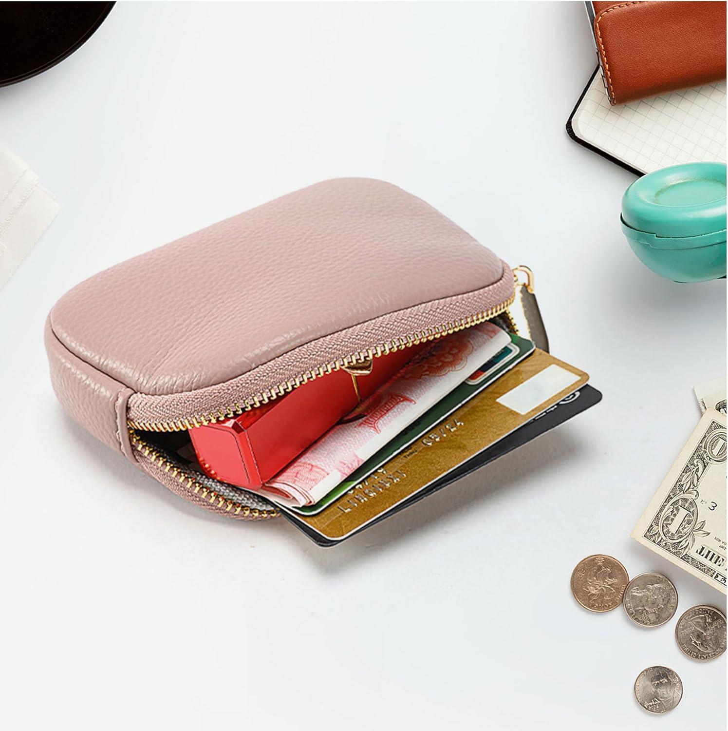 Women Small Coin Pouch Purses Mini Leather Change Wallet Women Zipper Pocket with Keychain (Pink)